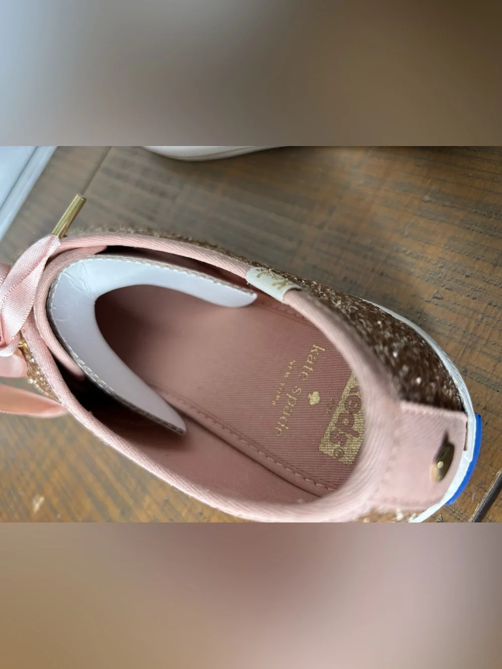 Keds x Kate Spade Champion Rose Gold Glitter Sneakers Box Extra Laces Women’s 7